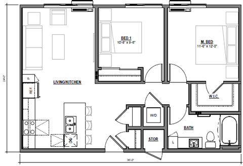 Floor plan for 2 beds, 1 bath, 866 sqft
